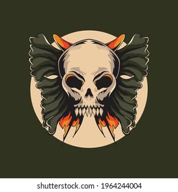 Butterfly bone with skull head illustration vector isolated