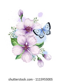 Butterfly and Bouquet of apple tree flower, gypsophila in watercolor style isolated on white background. For greeting cards, prints. All elements are editable.