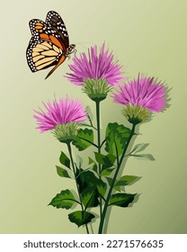 Butterfly and a bouquet of wild flowers.Vector illustration with burdock flowers and bright butterfly on a colored background.