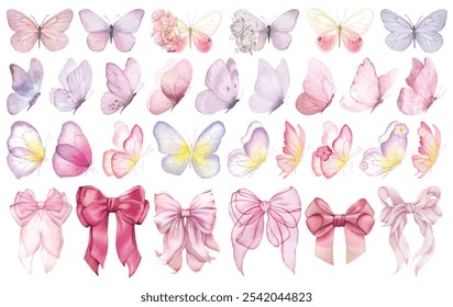 Butterfly and bows collection. Watercolor illustration. Colorful butterflies clipart set.Baby shower design elements.Party invitation, birthday celebration.Spring, summer decor.Pink yellow red flowers