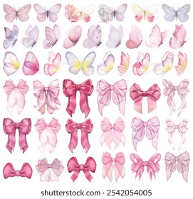 Butterfly and bows collection. Watercolor illustration. Colorful butterflies clipart set.Baby shower design elements.Party invitation, birthday celebration.Spring, summer decor.Pink yellow red flowers