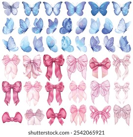 Butterfly and bows collection. Watercolor illustration. Colorful butterflies clipart set.Baby shower design elements.Party invitation, birthday celebration.Spring, summer decor.Pink yellow red flowers
