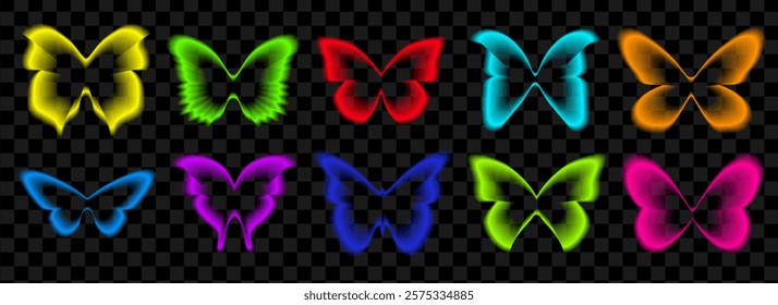 Butterfly bright gradient aura effect collection. Blurry neon y2k stickers set. Blurred transparent frames isolated on dark transparent background