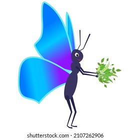 Schmetterling mit einem Haufen grüner Blätter. Vektorfederkonzept. Schmetterling Cartoon Charakter mit Blättern. 