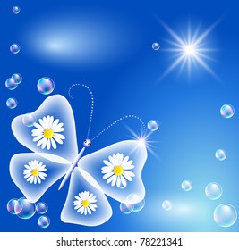 Butterfly with camomiles, bubbles and sunshine
