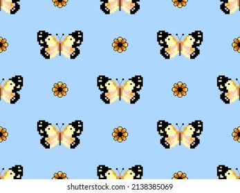 caricaturista de mariposa patrón sin fisuras sobre fondo azul.Estilo de píxeles
