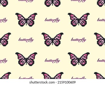 Butterfly cartoon character seamless pattern on yellow background. Pixel style
