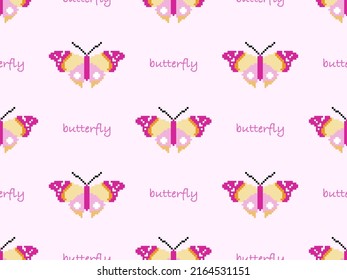 Butterfly cartoon character seamless pattern on pink background. Pixel style.