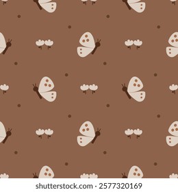 Butterfly cartoon so cute. On flower brown background. Pattern seamless vector illustration. 