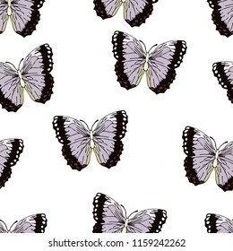 Butterfly cartoon drawing seamless pattern, vector background. Abstraction drawn insect with lilac purple black wings on white background. For fabric design, textile, print, wallpaper, decorating