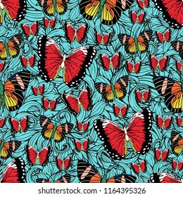 Butterfly cartoon drawing seamless pattern, vector background. Abstraction drawn insect with colorful bright wing on blue textured background with curls. For fabric design, textile, print, wallpaper