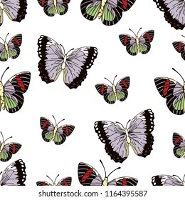 Butterfly cartoon drawing seamless pattern, vector background. Abstraction drawn insect with colorful pastel wings on white background. For fabric design, textile, print, wallpaper, decorating