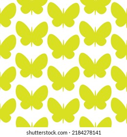 Butterfly cartoon insect isolated vector illustration. Colorful green seamless pattern template. Simple graphic silhouette drawing. Summer or spring season. Doodle fly animal icon shape.