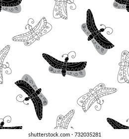 butterfly cartoon monochrome seamless pattern 