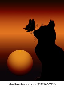 Butterfly and cat in illustration.Vector illustration with silhouettes of a butterfly and a cat on a bright background with the sun.