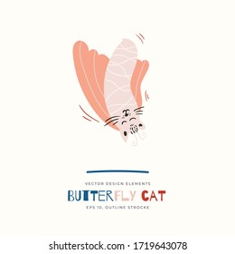 Butterfly Cat isolated on background. Cartoon animal character. Vector illustration for poster design, kids print, greeting card, social media post. For cards, textile.