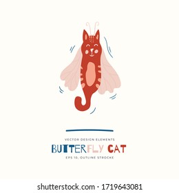Butterfly Cat isolated on background. Cartoon animal character. Vector illustration for poster design, kids print, greeting card, social media post. For cards, textile.