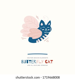 Butterfly Cat isolated on background. Cartoon animal character. Vector illustration for poster design, kids print, greeting card, social media post. For cards, textile.
