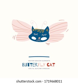 Butterfly Cat isolated on background. Cartoon animal character. Vector illustration for poster design, kids print, greeting card, social media post. For cards, textile.