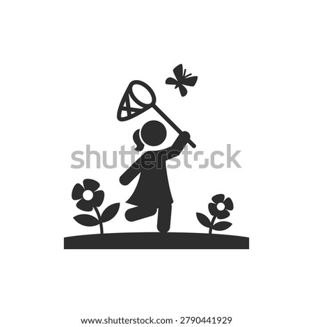 Butterfly catching and outdoor nature activity icon. Person with net chasing butterfly in garden. Monochrome black and white symbol