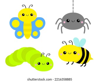 Butterfly, Caterpillar, Spider, Bee Bumblebee, Catapillar Honeybee. Insect Set Line. Cute Cartoon Funny Kawaii Baby Animal Character. Sticker Print. Flat Design. White Background. Isolated. Vector