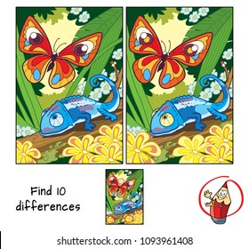 Butterfly and chameleon. Find 10 differences. Educational game for children. Cartoon vector illustration