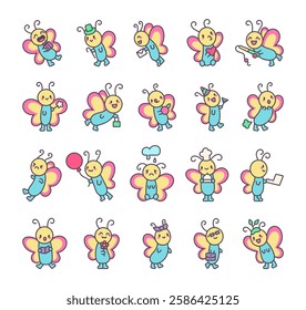 Butterfly character set featuring adorable wings, expressive emotions, magical elements, festive accessories, and charming details in a cute kawaii cartoon style for creative illustrations