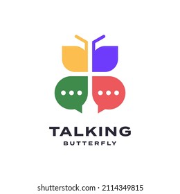 Diseño del logotipo del icono de conversación sobre mariposa Vector Premium