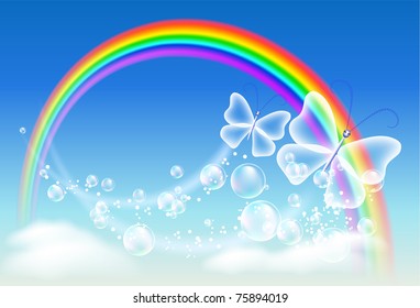 Butterfly, clouds, bubbles and rainbow