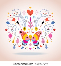 Butterfly, clouds, flowers, diamonds, raindrops cartoon nature vector illustration