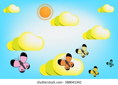 Butterfly and cloudy sky on the sunny day,illustration vector.