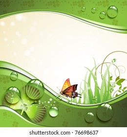 Butterfly, clover and grass with drops of water over springtime background