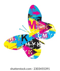 Butterfly  with cmyk colors arrows and binary codes. 
Illustration of colorful silhouette of butterfly. Concept for presenting of easy color printing. Vector available.