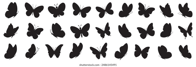 Butterfly collection. Black white illustration. Butterflies clipart set. Set of black silhouette butterflies. Baby shower design elements. Party invitation, birthday celebration. Spring, summer decor