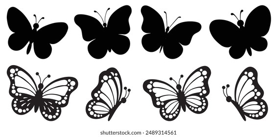 Butterfly collection. Black white illustration. Butterflies clipart set.Set of black and white line butterflies.Baby shower design elements. Party invitation, birthday celebration. Spring,summer decor