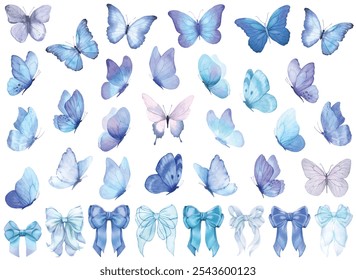 Butterfly collection and blue bows. Watercolor illustration. Colorful Butterflies clipart set. Baby shower design elements. Party invitation, birthday celebration. Spring, summer decoration. Blue navy