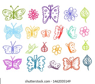 Butterfly collection. Children drawling style color butterflies set. Hand drawn wax crayons art on white background. Isolated chalk style icons. Butterfly, ladybug, ladybird, flowers, leaves, chamomile