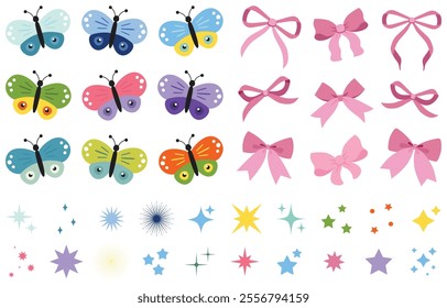 Butterfly collection. Colorful clipart set. Baby shower design elements. Party invitation, birthday celebration. Summer, spring. Sparkles. Glitter sparkle. Vector soft pink vintage bows. Girly decor