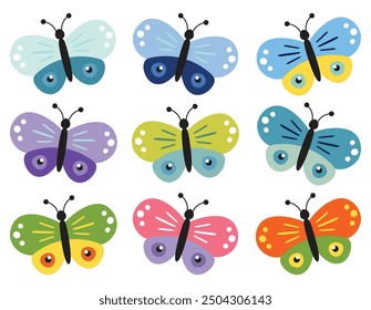 Butterfly collection, cute kids cartoon vector. Illustration isolated on white background. Color insect clipart. Baby shower design elements. Party invitation, birthday celebration. Spring, summer art