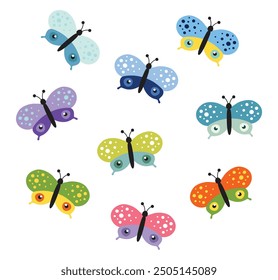 Butterfly collection, cute kids cartoon vector. Illustration isolated on white background. Color insect clipart. Baby shower design elements. Party invitation, birthday celebration. Spring, summer art