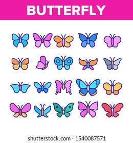 Butterfly Collection Elements Icons Set Vector Thin Line. Beautiful Decorative And Exotic Butterfly, Monarch And Moth Concept Linear Pictograms. Insect Wildlife Color Contour Illustrations