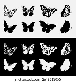 Butterfly collection featuring detailed vector silhouettes and intricate insect illustrations perfect for nature themed designs, elegant graphic elements, creative projects, and decorative patterns.