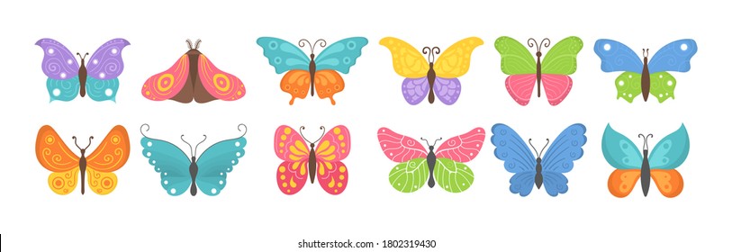 Butterfly collection in flat design. Set of flying butterflies icons isolated on a white background. Colorful summer insects a top view. Vector illustration, eps 10.