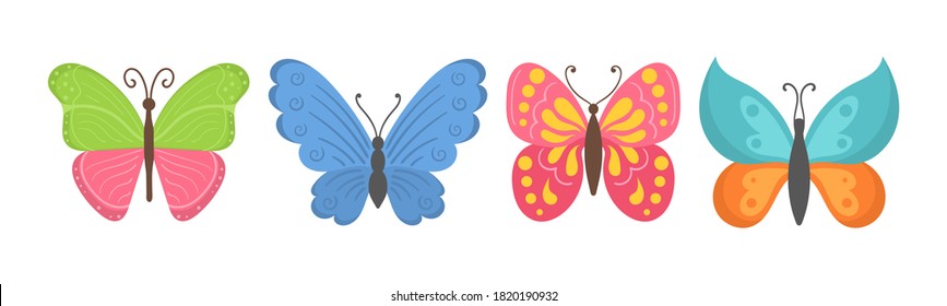 Butterfly collection in flat design. Set of flying butterflies icons isolated on a white background. Colorful summer insects a top view. Vector illustration, eps 10.