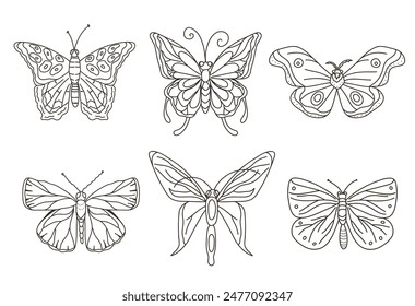 Butterfly Collection. Good for children's colouring books. Elements in doodle or sketch style. Vector