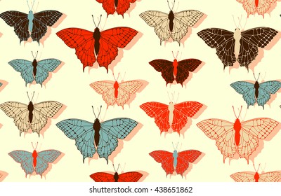 a butterfly collection hanging on a wall seamless tile in red, ivory and blue shades