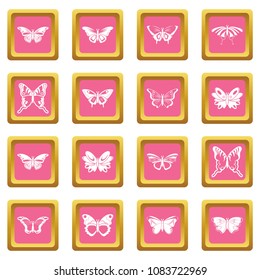 Butterfly collection icons set vector pink square isolated on white background 