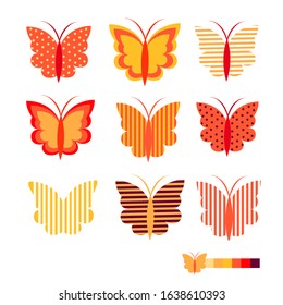 
Butterfly collection in seamless pattern. Orange shades insect.  Set of butterfly silhouettes in different colors, striped, dotted. Meadow population. Vector isolated illustration
