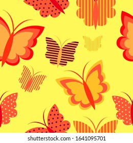 Butterfly collection in seamless pattern. Yellow , purple-red, orange shades insect.  Set of butterfly silhouettes in different colors, striped, dotted. Meadow population. Vector isolated illustration