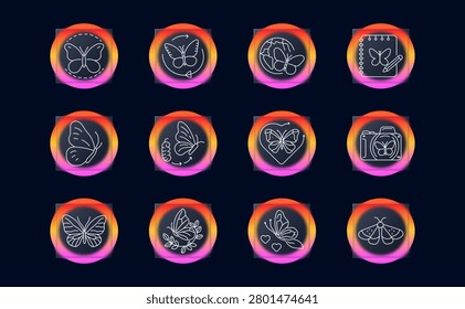 Butterfly collection set icon. Butterfly outline, motion arrows, globe butterfly, notebook drawing, wing closeup, metamorphosis cycle, heart butterfly, camera capture, decorative wings